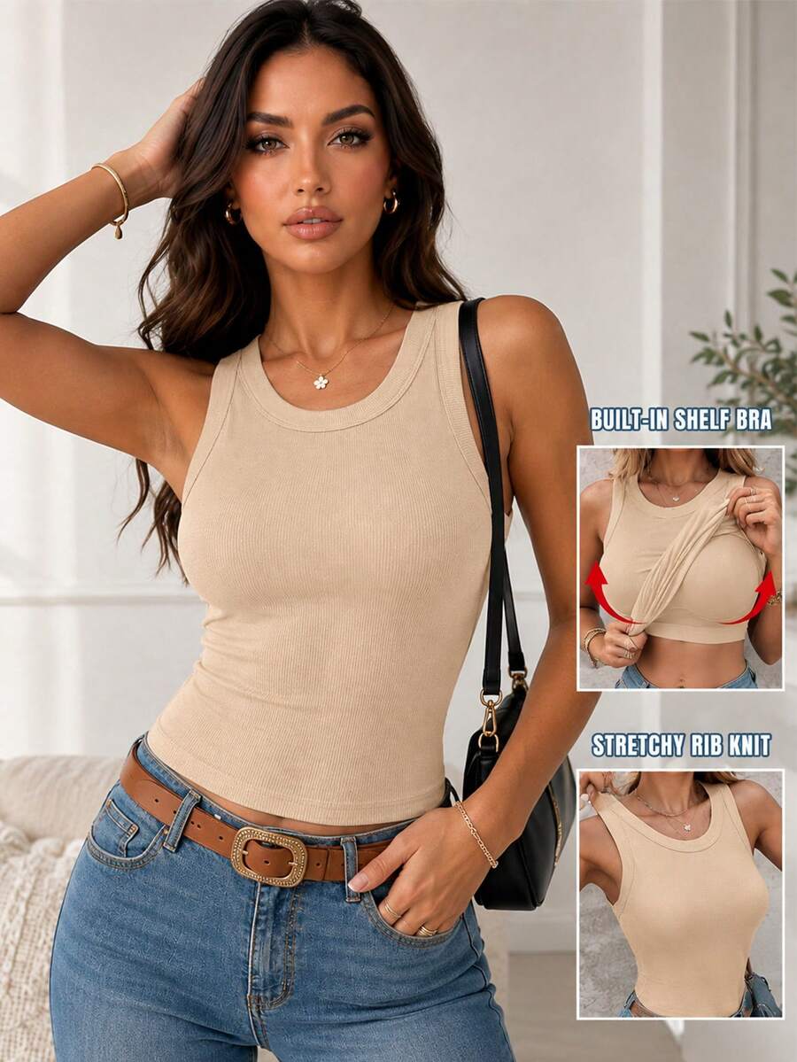 ChicMe Built-In Bra Sleeveless Ribbed Knit Tank Top Slim Fit Round Neck Basic Top