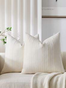 1pc Cream White Raised Stripe Cushion Cover (Pillow Insert Not Included), Modern Soft Chenille Vintage Texture Decorative Pillow Sham For Home Sofa, Bedroom, Decor, All Season - Cream White - View 2