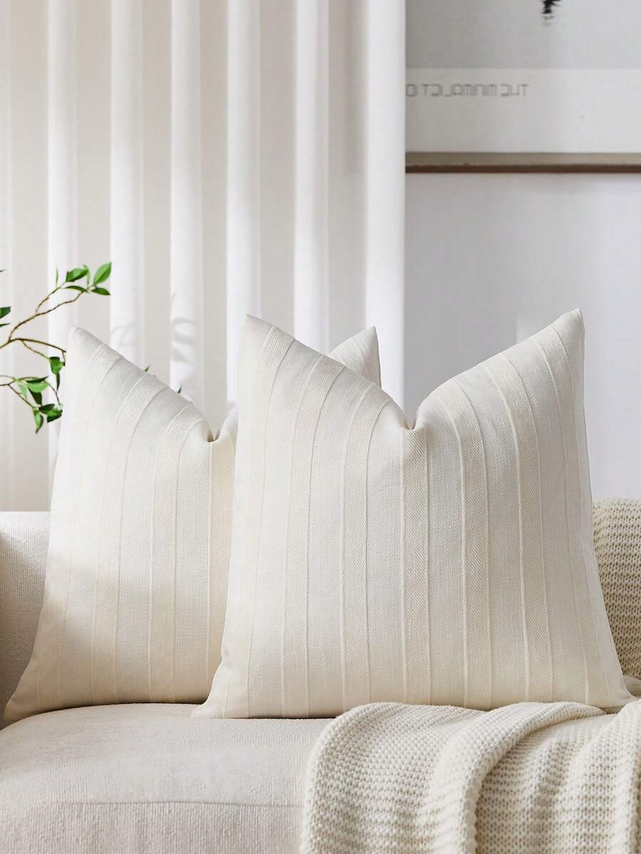 1pc Cream White Raised Stripe Cushion Cover (Pillow Insert Not Included), Modern Soft Chenille Vintage Texture Decorative Pillow Sham For Home Sofa, Bedroom, Decor, All Season