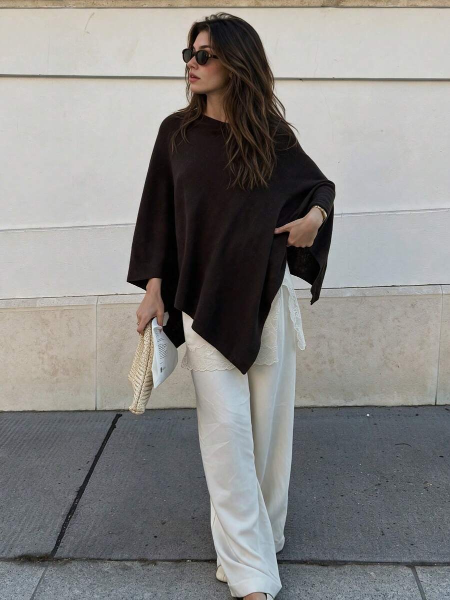 Senya 2026 Women's Chocolate Brown Knit Poncho Sweater, Oversized Crew Neck Cape, Asymmetric Hem Loose Fit Chic Minimalist Fall Winter Layering Top - Chocolate Brown - View 1