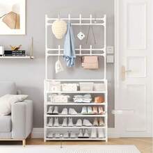 Metal Shoe Rack With Coat & Hat Hooks, 4/5 Tier Multi-Functional Entryway Shoe Storage Organizer, Space-Saving Bedroom Front Door Hallway Shoe Rack, Black And White Available - Multicolor - View 3