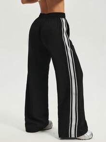Women's Sports Side Patchwork Fashion Webbing Cuff Split Straight Leg Pants, Suitable For Daily Commute And Casual Sports - Black - View 3