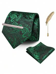4‑Pcs Men Paisley Pattern Neck Tie Set, Jacquard Woven Necktie, Pocket Square, Tie Clip, Feather Lapel Pin For Wedding Business Formal Occasion - Multicolor - View 15