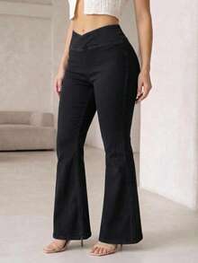 Pantalones  Acampanados Mujer Tiro Alto Cintura Cruzada V Mezclilla Elástica Ajuste Curvy Pierna Larga Corte Flare Dobladillo Desgastado Pantalón Premium - Negro - Ver 4