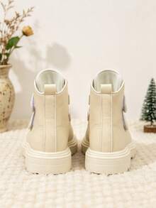 1 Pair Beige Fashionable Riding Boots, PU Matte Fabric, Double Hook & Loop, Minimalist Elegant Style, Round Toe, Rubber Thick Sole, Anti-Slip, Suitable For Mid-To-Large Girls, Daily School, Holiday, Party, Gathering, Versatile British Style Ankle Boots - Beige - View 5