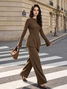 Women Fall Pleated Long Flare Sleeve Top, Round Neck Asymmetrical Ruffle Hem Blouse Autumn Outfits For Women - Coffee Brown - View 10