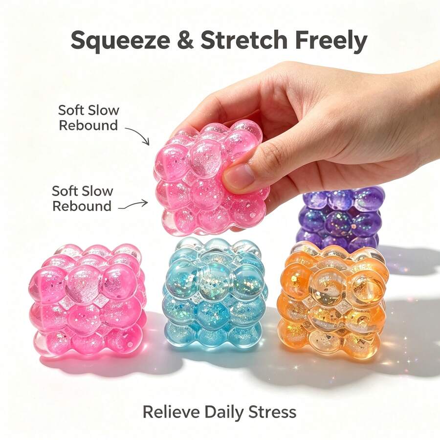 1pcsPortable Grape Cube Squishy Fidget Toy, Bubble Cube Shape Made Of Jelly‑Clear Soft Rubber, Embedded Fine Glitter Sequins For Crystal‑Gorgeous Look, Relieve Tension Effectively, Lightweight For Commute & Outdoor Carry‑On Play - Multicolor - View 1