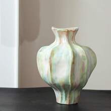 1pc Marbled Pastel Ceramic Vase Set, Irregular Ribbed Flower Vase, Modern Aesthetic Tabletop Home Decor For Living Room - Multicolor - View 9