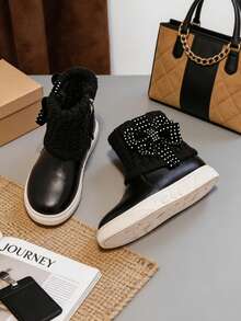 1 Pair Children's Gentle Style Patchwork Ankle Boots With 3D Bow And Shiny Decor, Suitable For Birthday Party, Suitable For Outing Outfit, Suitable For Autumn/Winter - Black - View 7