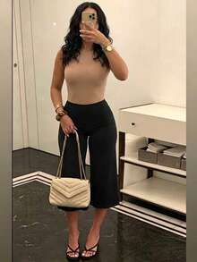 High Waist Wide Leg Capri Pants, Casual Pure Black Loose Capri Pants, Comfortable Slimming Versatile Sports Summer Style - Black - View 1