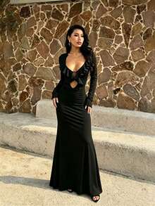 Women's Sexy Classy Black Long Sleeve Deep V Neck Maxi Dress Featuring Ruffle & Cut Out Details, Perfect For Formal Events & Prom - Black - View 4