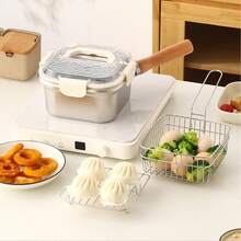 Square Deep Fryer With Frying Basket, Wooden Handle Stainless Steel Mini Fryer, Detachable Handheld Basket Design, Multi-Functional Deep Mini Fryer, Oil-Saving Small Fryer, Suitable For Frying Onion Rings, French Fries, Chicken Nuggets, Snacks, Compatible With Induction Cooktop And Open Flame, Home Kitchen Frying Tool, Oil Filtration Integrated Pot, Portable Small Deep Fryer, Kitchen Frying Cooking Tool, Family Fried Chicken, Fried Shrimp, Fried Food Dedicated Cookware - View 5