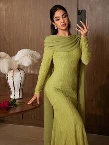 Elegant Women's Long Sleeve Round Neck Mermaid Dress, Asymmetric Ruffle Hem, Green Woven Fabric, Showcasing Charming Style - Olive Green - View 10