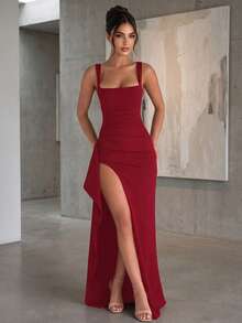 Women's Elegant Sexy Slit Bodycon Dress, Suitable For Spring/Summer Parties, Galas, Holidays And Vacations Wedding Party Red Fall - Red - View 1