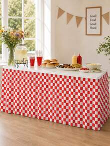 1pc Red & White Plaid Polyester Table Skirt, Farmhouse Style Rectangular Buffet Table Decor With Elastic Ruffle Edge, Suitable For Picnic, BBQ, Birthday Party, Wedding, Dessert Table And Holiday Decoration - Multicolor - View 7