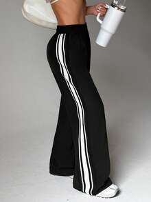Women's Sports Side Patchwork Fashion Webbing Cuff Split Straight Leg Pants, Suitable For Daily Commute And Casual Sports - Black - View 7
