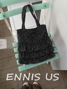 Tas Tote Polkadot, Tas Bahu Kapasitas Besar yang Lucu, Tas Wanita dengan Hiasan Ruffle, Tas Wanita dengan Tali Serut dan Pita, Tas Gaya Preppy, Cocok untuk Pekerja Kantoran dan Pelajar yang Berpergian - Hitam - View 1