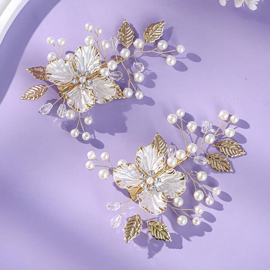 2pcs Handmade Floral Hair Clips, Luxury Niche Hair Accessories, Suitable For Daily Wear, Dates, Brides And Bridesmaids - Multicolor - View 1