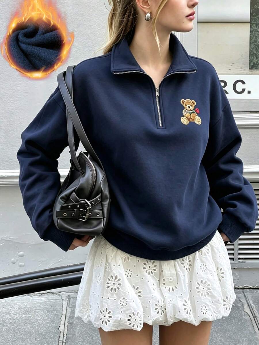 女款秋冬新款極簡可愛海軍藍半拉鍊套頭運動衫,泰迪熊刺繡與印花,休閒時尚百搭秋季款 - 藏藍 - 查看 1