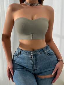 Grey Ribbed Front-Closure Bandeau Bra, Bandeau Top With Front Hook-And-Eye Closure, Removable Pads - Grey - View 5
