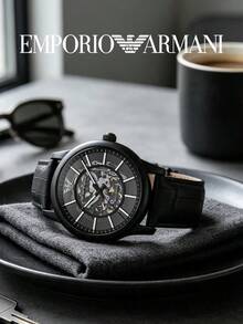 Armani Men's Luigi Automatic Skeleton Watch Black Open‑Work Dial Black Leather Strap Stainless Steel Case Mechanical Watch AR60008 - Black - View 2