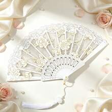 1pc White Lace Floral Folding Fan With Tassel, Vintage Rose Embroidery Hand Fan, Elegant Decorative Handheld Fan For Wedding Photoshoot, Cosplay Party - Multicolor - View 1