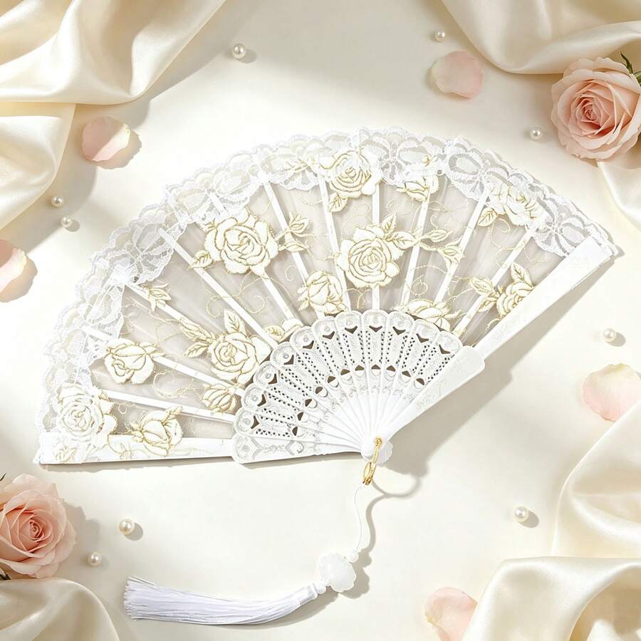 1pc White Lace Floral Folding Fan With Tassel, Vintage Rose Embroidery Hand Fan, Elegant Decorative Handheld Fan For Wedding Photoshoot, Cosplay Party - Multicolor - View 1