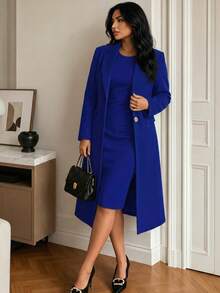 Women's Elegant 2 Pieces Set For Autumn/Winter: Solid Color Long Sleeve Cardigan Jacket + Sleeveless Midi Dress, Fashionable Outfit Spring - Blue - View 5