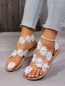 Women's Flat Sandals, Comfortable Soft Flat Sole, Romantic Lace Flower Decor, Suitable For Beach Vacation, Casual Outings - White - View 5