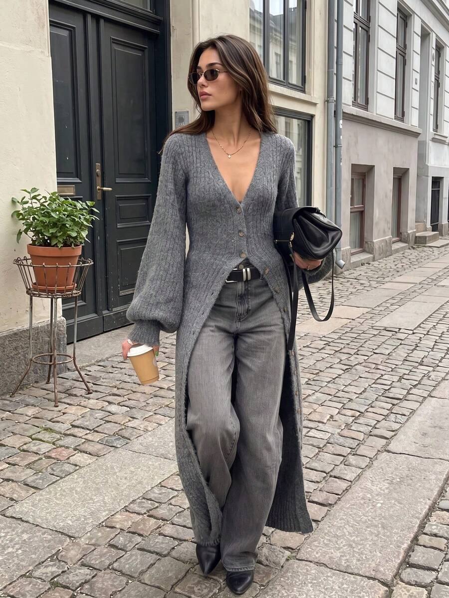 Senya Women's Autumn/Winter New Solid Color Deep V-Neck Lantern Sleeve Front Button Long Knit Cardigan, Casual Commute Sweater Jacket Fall - Dark Grey - View 1