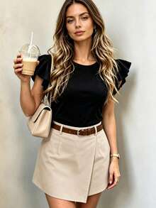 Women's Autumn Outfit, Spring/Autumn 2 Pieces Set, Black Top With Ruffle Sleeves + Apricot Skort With Diagonal Texture, Elegant Mature Style Summer - Black - View 7