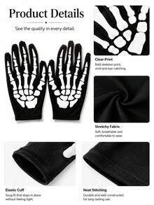 1 Pair Glow-In-The-Dark Halloween Skeleton Bone Print Gloves, Unisex Full Finger Costume Gloves, Party Cosplay Role Play Holiday Accessory - Halloween Style a - View 6