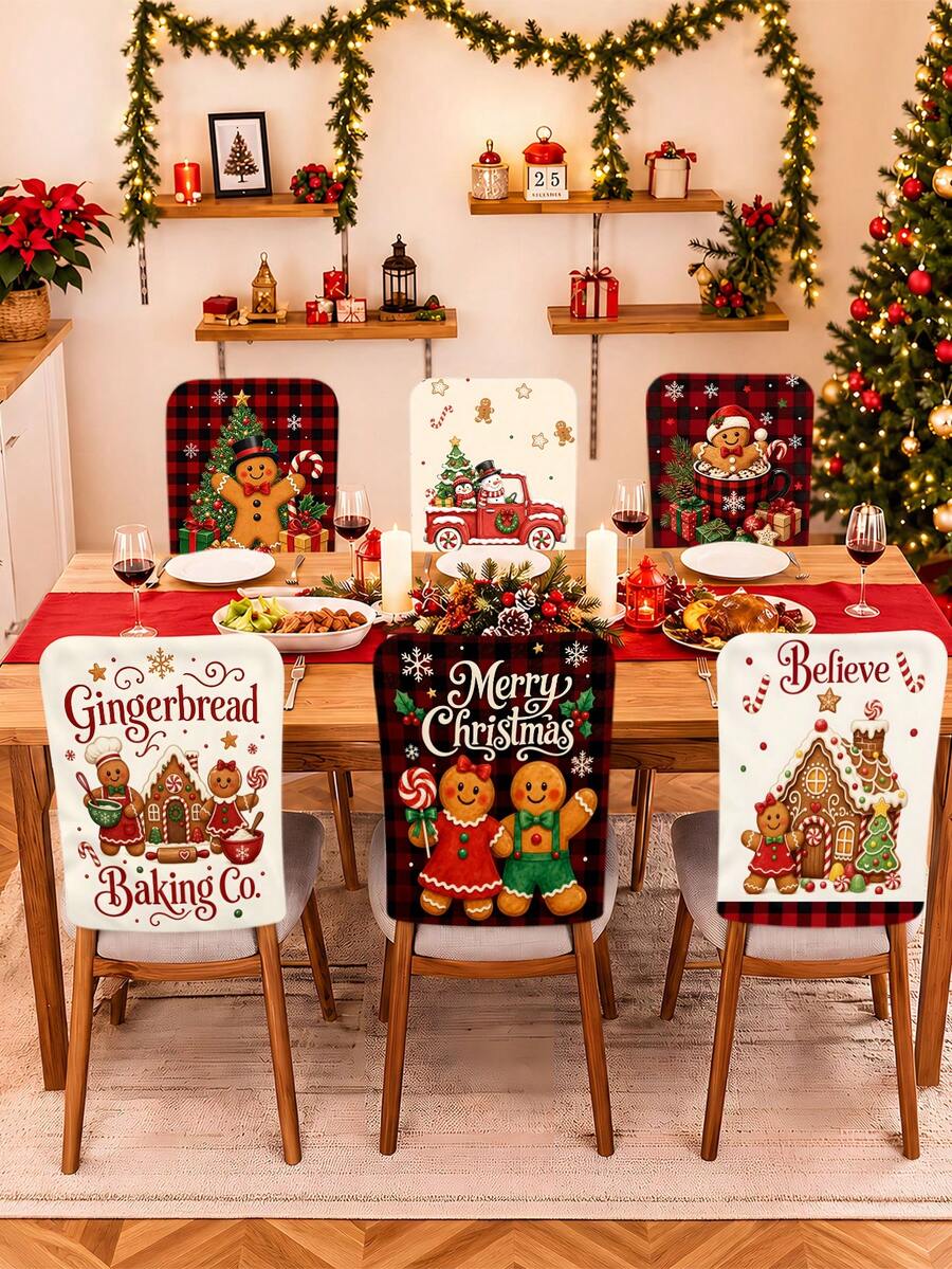 6Pcs Winter Christmas Chair Covers/Chair Back Covers, Black & Red Buffalo Plaid Style Chair Covers, Gingerbread Man, Christmas Tree, Gingerbread House Pattern Dining Chair Covers, Suitable For Home, Hotel And Kitchen Winter Holiday Seat Protection Covers - Multicolor - View 1