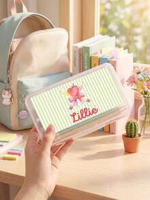 1pc Custom Text Transparent Pencil Box, Personalized Stationery Organizer, Cute Gingham Striped Pattern Hard Plastic Pencil Case, Back To School Supplies - Multicolor - View 4