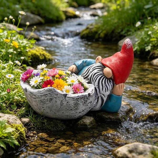 Cute Garden Gnome Flower Pot, Garden Landscape Flower Pot, Outdoor Gnome Holding Flower Pot Decor, Flower Shop Gift, Suitable For Yard, Balcony, Bookshelf, Add Festive Atmosphere, Ideal Holiday Gift