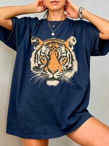 Vintage Tiger Tee - Retro Animal  T-Shirt, 90s Animal Gift For Tiger Lover, Wild Cat Shirt, JungleTiger Graphic Tee220G Heavyweight1830% CottonT-Shirt - 藏青色2 - 查看 1