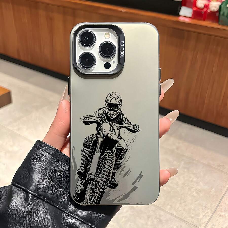 1pc Black Matte IMD Colorful Silver Laser Personalized Line Drawing Off-Road Motorcycle Pattern Phone Case Compatible With IPhone 16 Pro Max/17/16/15/14 Plus/13/12/11/Air And Series - Multicolor - View 1