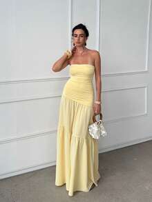 Women's Summer Yellow Sexy Solid Color Strapless A-Line Ruched Dress, Suitable For Valentine's Day Date, Graduation Season Party - Yellow - View 6