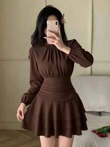 abyoxi Women's Brown Stand Collar Ruched Long Sleeve Fitted Mini Dress, Back Elastic Waist A-Line With Multi-Layer Ruffle Design, Elegant, Vintage, Romantic, Suitable For Date, Party, Going Out And Daily Commute, Autumn/Winter Short Dress - Brown - View 4
