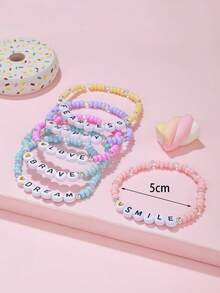6pcs Kids Inspirational Letter Bracelets Set | Macaron Color Beaded Bracelets For Girls Friendship Jewelry - Multicolor - View 2