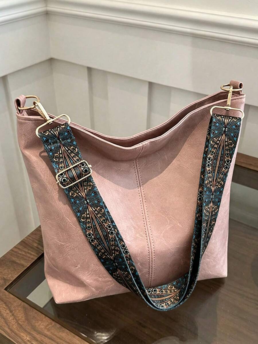 Pink Leather-Look Tote Bag | Soft Slouchy Shoulder Bag With Woven Pattern Strap | Spacious Light Pink Tote For Women,Daily Use,Work,School & Shopping - 彩色 - 查看 1