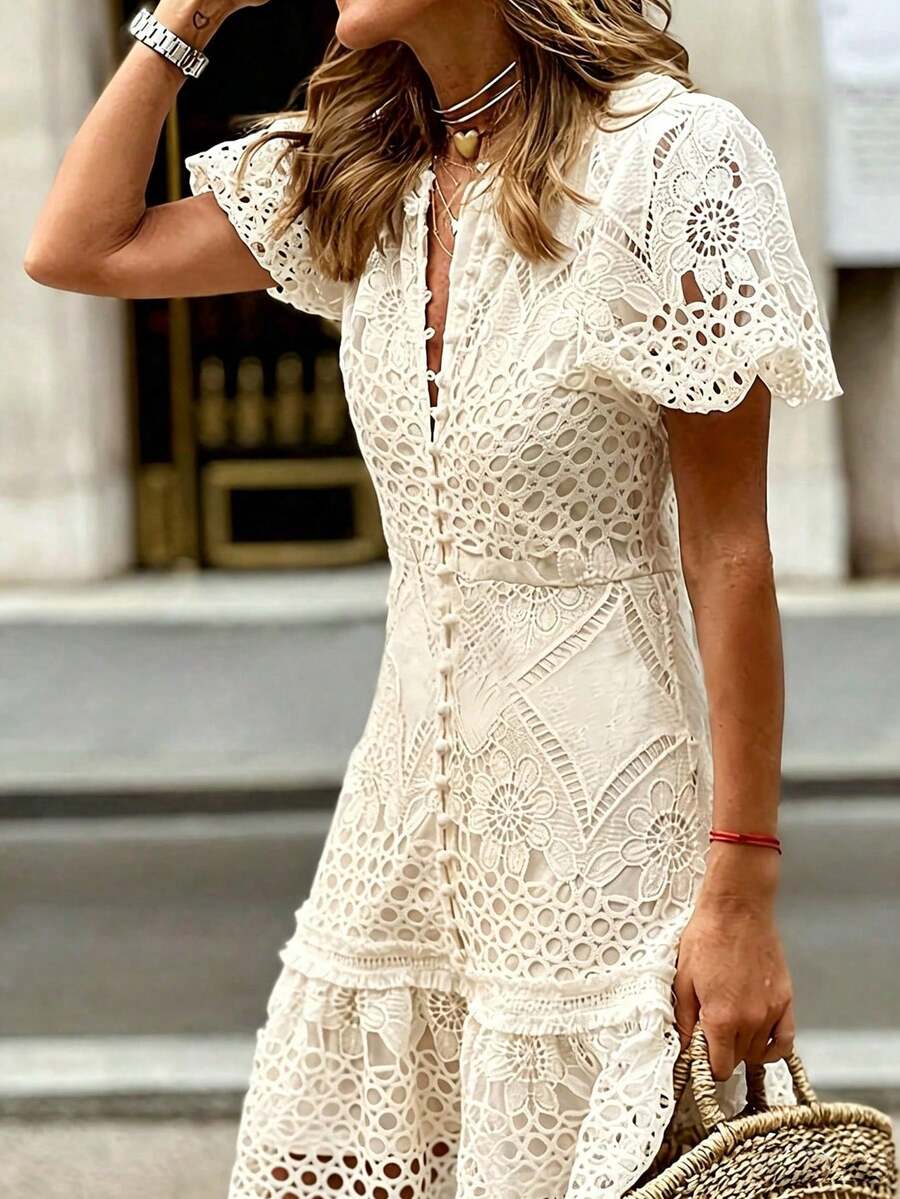 Mokiwe Women's Summer Casual Vacation Style Sexy Semi-Sheer Hollow-Out Full Floral Pattern Puff Short Sleeve 3/4 Button-Front Mushroom Button Elegant - Apricot - View 1