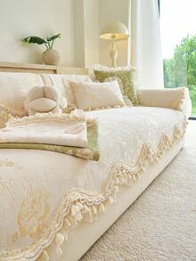 1pc French Vintage Floral Jacquard Sofa Cover, Chenille Lace Ruffle Tassel Edge Non-Slip Sofa Pad Protector, All Season Living Room Decor Sofa Slipcover - Beige - View 3