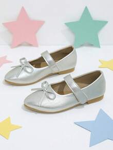 Girls' Silver Shiny Bow Mary Jane Flats, Gentle Sweet Princess Style, Suitable For All Seasons, School And Party Wear - Silver - View 3