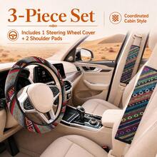 3PCS Bohemian Style Car Interior Set, Includes 1 Car Steering Wheel Cover And 2 Shoulder Covers, Breathable And Comfortable, Suitable For All Seasons, Fits Most Cars - Multicolor - View 5