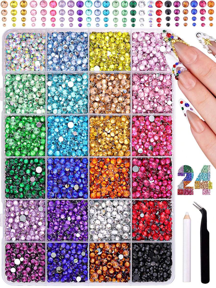 19200pcs 24-Color Mixed Flat Back Rhinestones, Round Shiny Gemstones, DIY Decorative Rhinestones, Suitable For Nail Art, Face & Body Stickers, Jewelry Making, Shoes, Tumblers, Water Bottles, Phone Cases, Clothing & Handmade Crafts