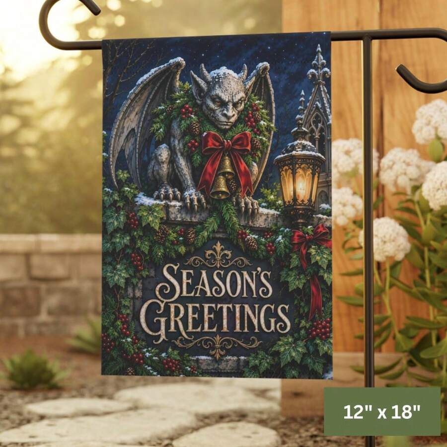 Christmas Gargoyle Garden Flag, Holiday Greetings Gothic Holiday Decor, 1pc, Single-Sided Print, Flag Pole Not Included