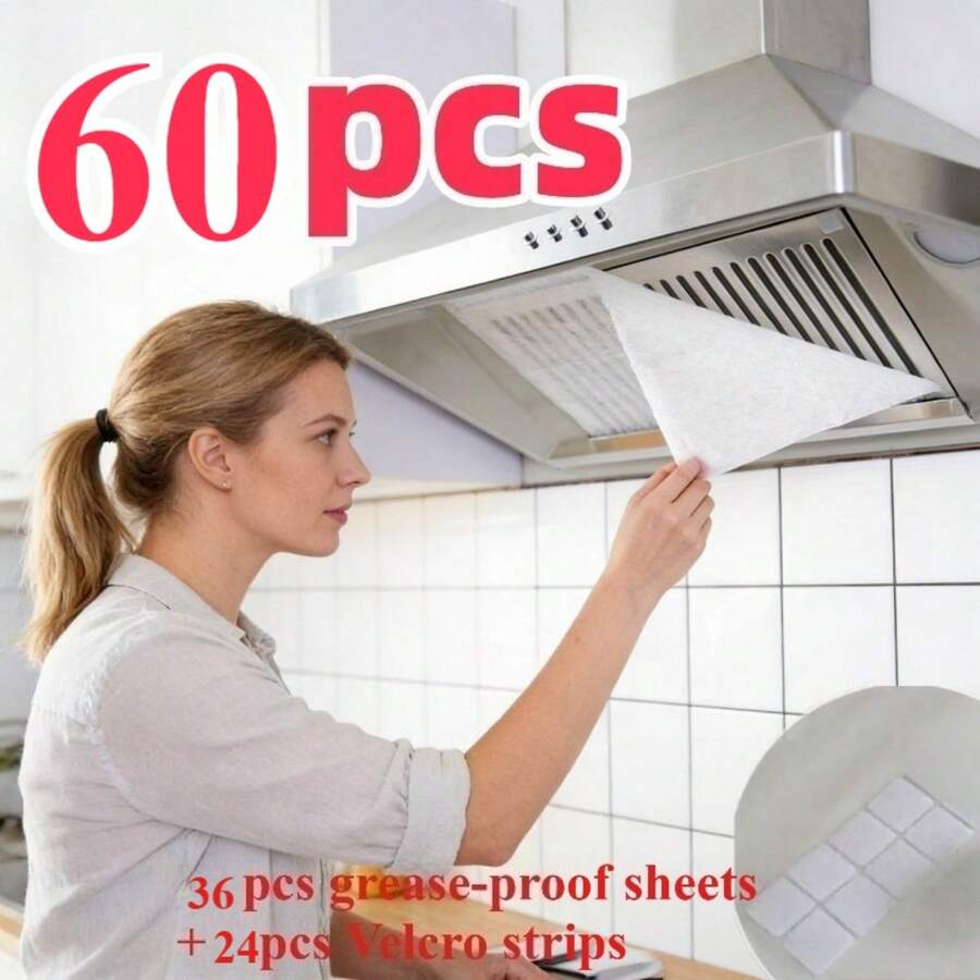 60pcs Self-Adhesive Range Hood Filter Pads, Includes 36pcs Oil-Absorbing Paper And 24pcs Hook & Loop Polyester Fiber, No Cleaning Required, Kitchen Exhaust Fan Oil Filter Cotton, Fits Most Range Hoods, Easy Installation, Durable And Convenient To Clean - Self-adhesive Range Hood Filter - View 1