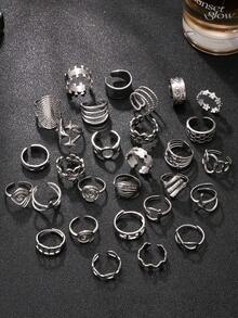 5/10/15/20/30pcs Silver Stainless Steel Men's Ring Set, Random Styles Including Cross Star Rings, Geometric Pattern Rings, Star Rings, Cross Rings, Halloween Gift, Suitable For Daily Wear - Silver - View 2