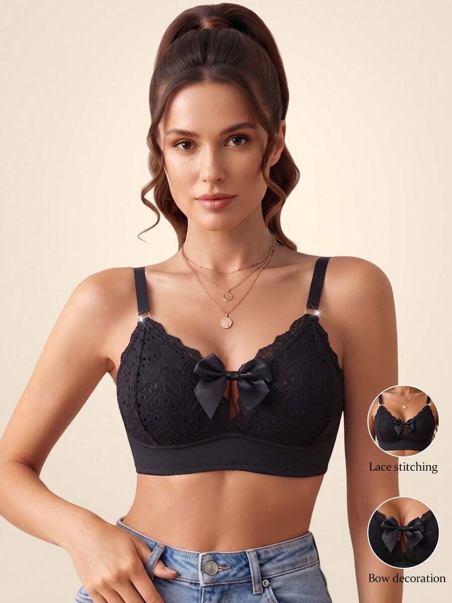 Women's Black Bow Lace Patchwork French Elegant Comfortable Lingerie - Black - View 1